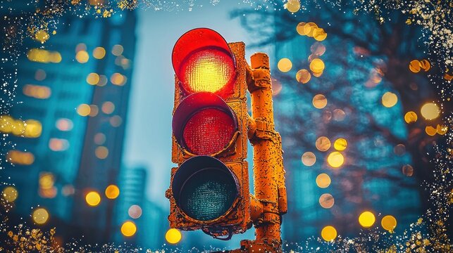 Urban traffic light at dusk, red light, bokeh