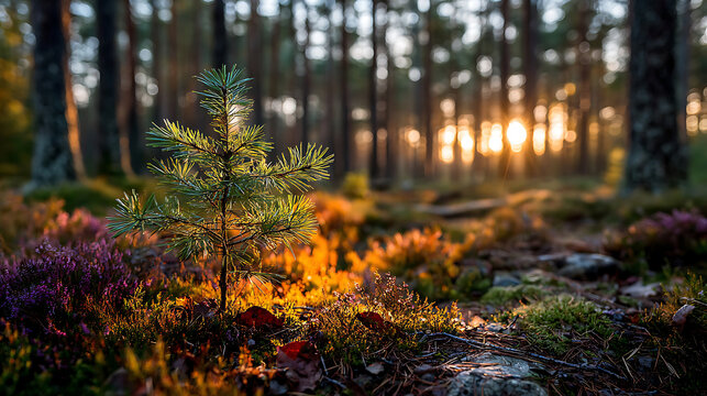 Young Pine Tree in Forest, Woodland Ground at Sunrise, Nature Landscape