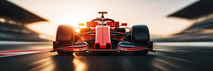 Naklejka premium front view of fast red f1 car on track