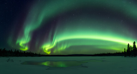 Naklejka premium Vibrant Aurora Borealis Dancing Over Frozen Landscape