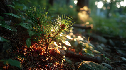Young Pine Tree in Forest Sunlight