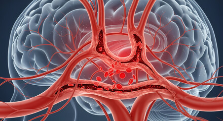 A medical illustration of the human brain and its intricate blood vessels, highlighting the circulatory system.