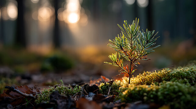 Young Pine Tree Sapling in Forest, Green Plant Sprout at Sunrise