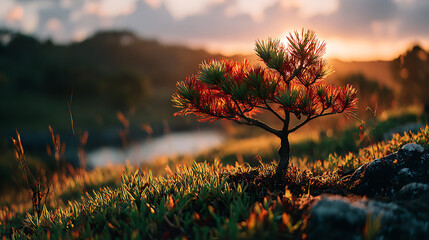 Sunset Illuminates a Miniature Pine Tree Bonsai