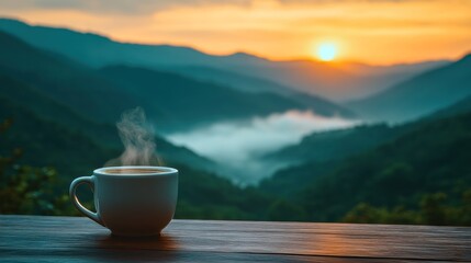 Morning coffee overlooking misty mountains