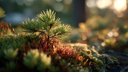 Tiny Pine Tree Sapling Growing Among Moss and Lichen in a Forest