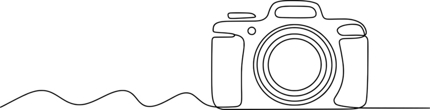 Black line art drawing of a camera with a wavy line white