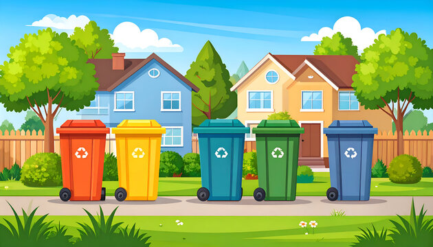 Colorful Recycling Bins with Suburban Street.