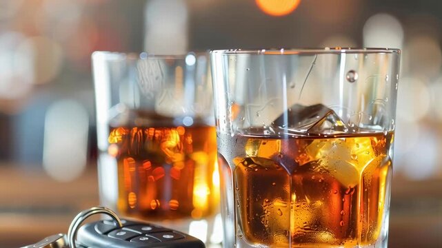 Two glasses of alcohol and a car key on a table. Scene is relaxed and casual