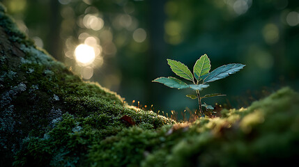 Young Plant Growing on Mossy Surface with Sunlight in Background Symbolizing Growth