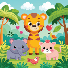 Naklejka premium Cute baby wild animals vector collection: funny cartoon safari pets like a tiger, fox, bear, panda, rabbit, cow, pig, cat, and dog head icon set illustration in the jungle