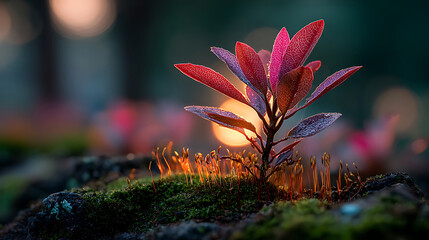 Vibrant Red Plant Emerging from Moss at Sunrise