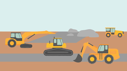 Illustration of construction site with excavators, bulldozers and rocks under a light blue sky