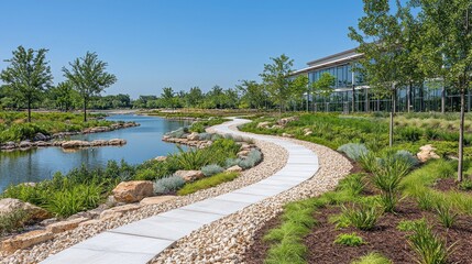 Serene Lakeside Walkway: Modern Corporate Landscape Design