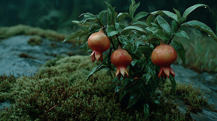 Pomegranate Fruits in the Rain on Mossy Ground