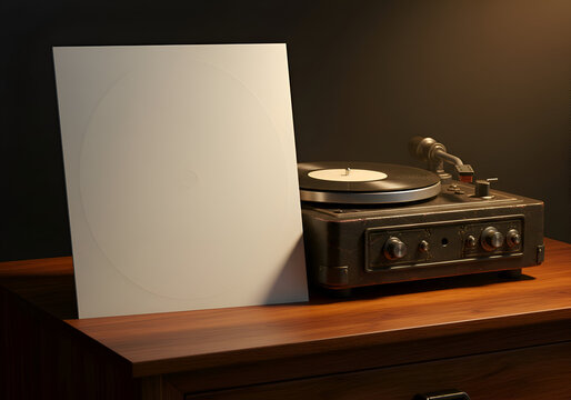 A blank vinyl record mockup sits next to a vintage record player on a wooden surface. Empty space for branding on the record and vintage aesthetic with dark background.