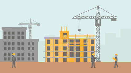 Illustration of a construction site with buildings cranes and workers wearing hard hats and face masks today