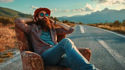 Bearded man relaxing in easy chair by roadside