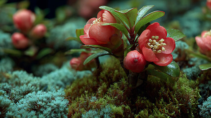 Closeup of a Flowering Quince on Moss