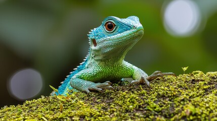 Fototapeta premium Vibrant blue and green lizard, perched on mossy log, detailed close-up
