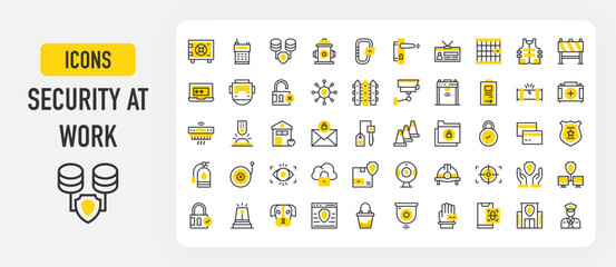 Security at work icons. Security, Target, Gas Leak, Padlock, Emergency Button, Cloud Storage, Metal Detector, Credit Card, Door Lock, Helmet, Safe Box vector stroke illustration.	
