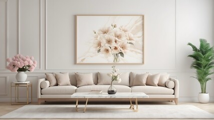3D illustration, Mockup photo frame in living room, Interior of comfortable with luxury furniture and decorate in minimal style with houseplant in pot. 