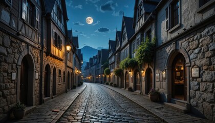 Obraz premium Enchanted Medieval Street at Night