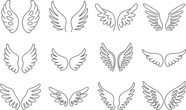 Diverse Angel Wing Designs Outlined in Black wings white