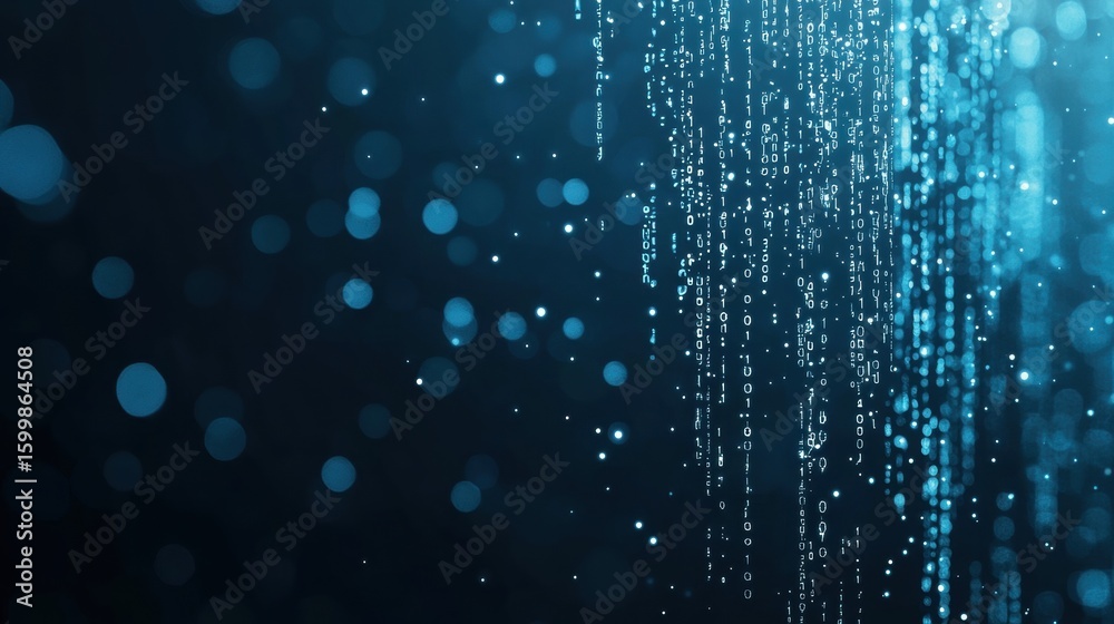 Poster cyberspace digital matrix of binary codes flowing in a deep blue cyberspace background.