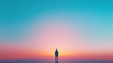 Mood Silhouette of a person standing by the ocean, looking at the sunset with a peaceful mood.