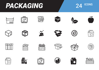 Packaging Icon Set: A comprehensive collection of 24 packaging icons, encompassing diverse shapes, styles, and related concepts, providing a versatile design asset for various applications.