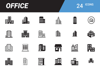 Office Icons: A collection of modern office building icons, presenting a sleek and professional design suitable for digital and print assets.