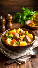 Beef stew with vegetables, and rustic bowl.