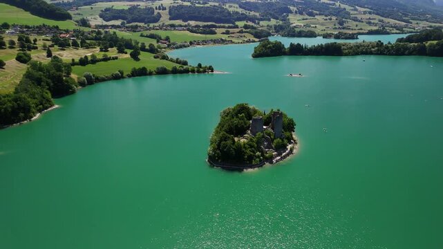 Switzerland Le Bry island Greyerzersee Lake Gruy&egrave;re region artificial reservoir aerial drone