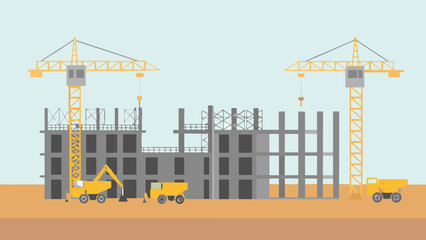 Illustration of a construction site with cranes and heavy machinery building a gray structure of steel