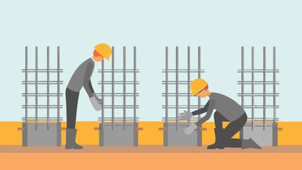 Two construction workers installing rebar cages on a construction site with a light blue background