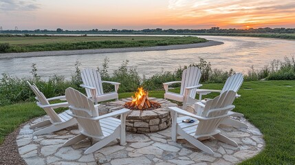 Serene Sunset Riverfront Fire Pit Gathering