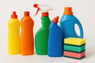 Cleaning supplies neatly arranged on shelves.