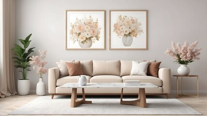 Mock up poster frame in modern interior background stock photo. 3d illustration.