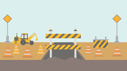 Road under construction with excavator, traffic cones, warning signs and barricades in a flat design