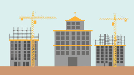 Illustration of three buildings in various stages of construction with tower cranes on a light blue background