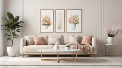 Interior poster mock up living room with colorful white sofa. Interior poster mock up living room