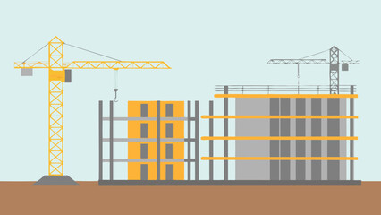 Illustration of construction site with cranes and buildings under construction on a brown surface