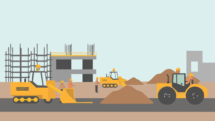 Illustration of construction site with heavy machinery and building under construction present here
