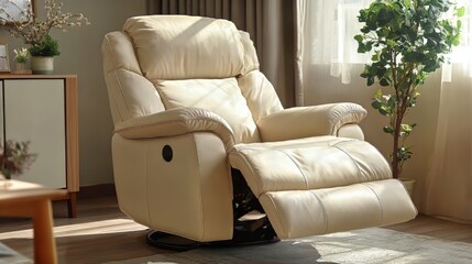 Beige leather recliner chair with soft cushions for home seating