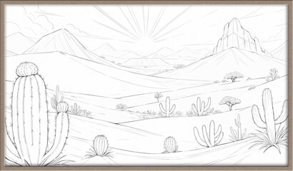 Serene Southwestern Desert Landscape: Pencil Sketch, Sunrise, Cacti, Mountains