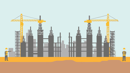 Illustration of a construction site with cranes and workers on a brown and yellow ground plane