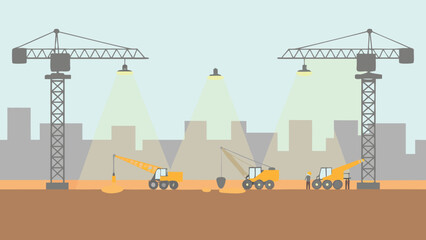Illustration of a construction site with cranes and excavators against a city backdrop view scene