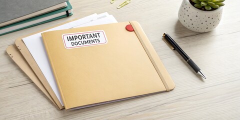 Gold Folder with Important Documents Label Flat Lay Composition, Organization, Workspace, File Management organization, paperwork