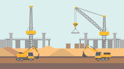 Illustration of a construction site with cranes excavators and building infrastructure in progress